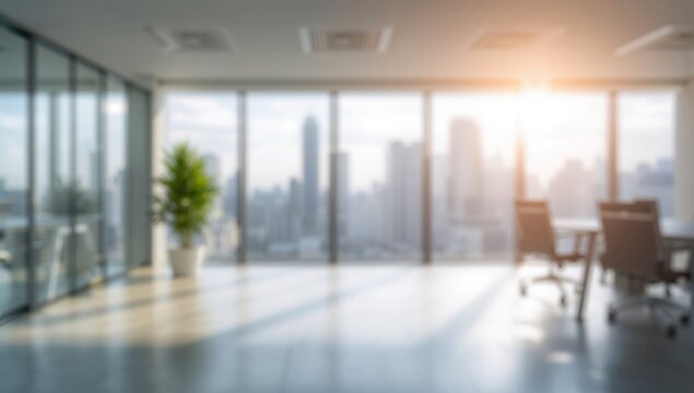 Contemporary office interior with bright natural light and an urban skyline in the backdrop. Professional and business-themed modern workspace image perfect for property marketing.