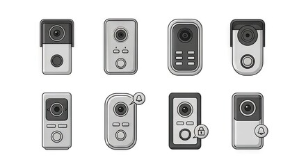 Collection of Monochrome Doorbell Designs with Varying Button Layouts and Camera Placement on White Background