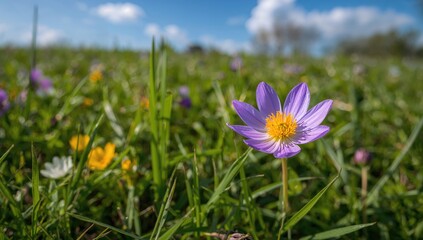 Wild Pasque-flower blooming under sunlight, close-up spring flower backdrop. Premium image