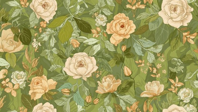 Continuous pattern of roses on a verdant background