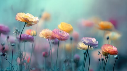 Fototapeta premium Blurred Watercolor Ranunculus Flowers in Soft Pastel Colors for a Dreamy Floral Background