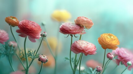 Blurred Watercolor Illustration of Colorful Ranunculus Flowers in Soft Pastel Tones