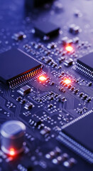 Obraz premium Close-up of illuminated circuit board, showcasing intricate electronic components and glowing elements, representing technological advancement and innovation
