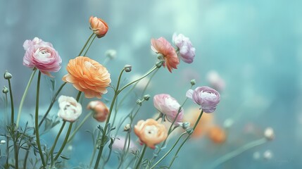 Beautiful Ranunculus Flowers Blooming in Soft Watercolor Style with Blurred Background for Artistic Imagery