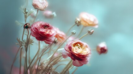 Soft Blurred Watercolor Painting of Delicate Ranunculus Flowers with Gentle Pastel Colors and Dreamy Background