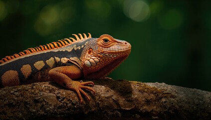Fototapeta premium Detailed close-up of a vibrant orange and black lizard perched on a tree limb, highlighting its rough scales and pointed claws