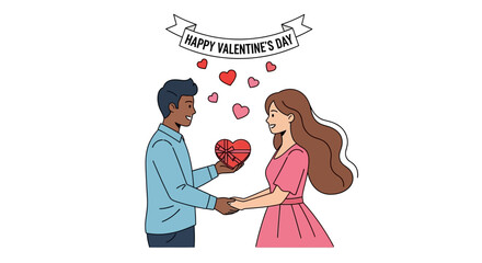 An endearing couple shares a heartfelt, festive present, celebrating their loving connection on a special romantic occasion