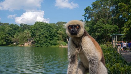 Obraz premium Lemur perched near a water body in captivity