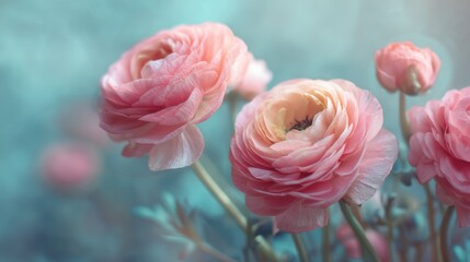 Delicate Pink Ranunculus Flowers in Soft Focus Watercolor Background with Gentle Pastel Tones