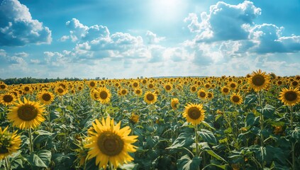 Obraz premium Sunlit meadow filled with blooming yellow flowers under a clear blue sky