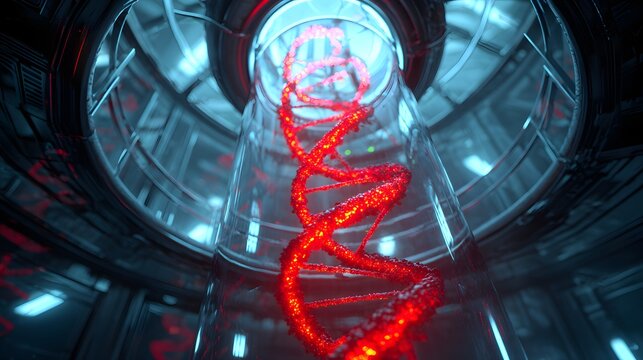 Illuminated red double helix structure rests within a futuristic containment tube bathed in cool blue light - Powered by Adobe