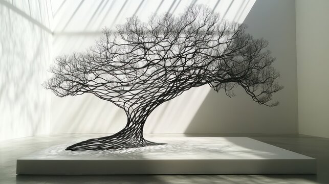 Abstract metal tree sculpture, stark lines against white - Powered by Adobe