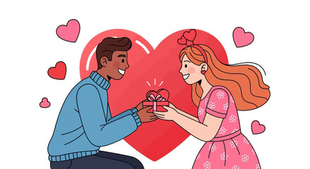 Romantic couple exchanging a heartfelt gift, surrounded by love hearts, celebrating affection and connection on a special day