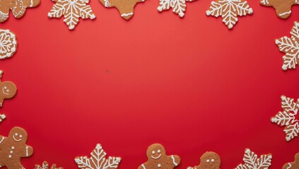 Classic holiday gingerbread assortment on a bright red background with room for text