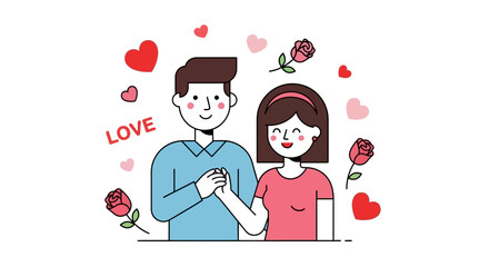 Couple holding hands surrounded by hearts and roses, symbol of love and romance