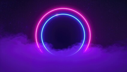 Immersive digital world enclosed in a glowing round border, featuring a stellar scenery, a portal in a ring shape, neon hues of pink and blue, shadowy surroundings, ultraviolet colors, a laser