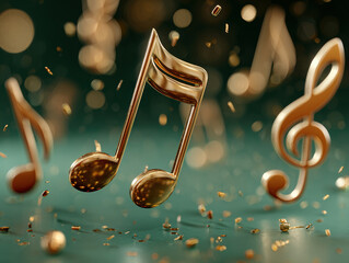 Golden confetti backdrop with suspended musical notes in a circular arrangement, realistically shaded and detailed - AI-Generated