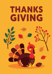 A cheerful vector illustration of a cartoon turkey on a Thanksgiving Day design with farm and nature design elements