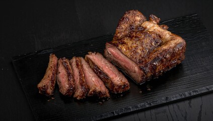 Sliced T-bone steak resting on a dark background