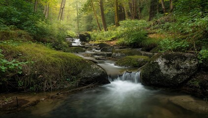 Obraz premium Moss-covered rocks along a woodland creek