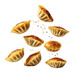 Floating golden savory pastries. Isolated on black, food art