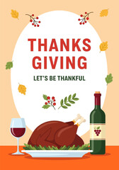 A vector illustration of food and drink, featuring a wine bottle and glass for a celebration thanksgiving day