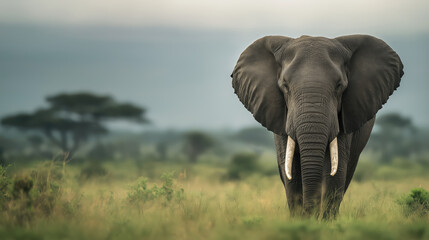 Fototapeta premium Majestic African elephant, with large ears spread wide, strides confidently across the vast, golden savanna under a dramatic sky, embodying the raw beauty and power of wild nature