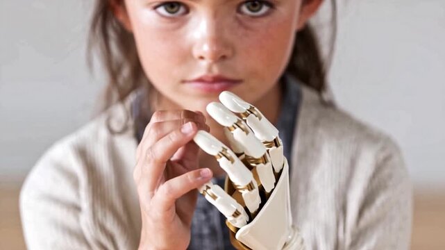 Girl with one real hand and one prosthesis, close-up of hands. Focus on hands of girl with disability. Two hands of woman with bionic hand, artificial limb prosthesis. Loss of limb by a person