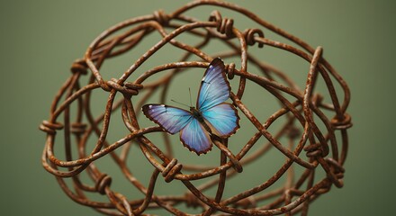 Captured Beauty: Blue Butterfly in Rusty Wire Cage