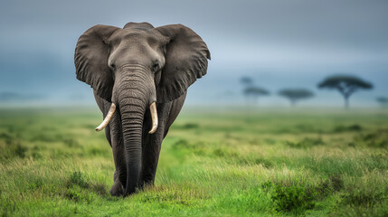Naklejka premium Powerful African elephant with large tusks confidently strides across a vast, foggy green landscape in its natural habitat