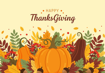 Vector illustration of an autumn thanksgiving day background with pumpkins, orange leaves, and harvest decoration