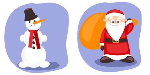Adorable Santa Claus with a big orange sack and cheerful snowman in red scarf and black hat on soft blue background. Perfect for Christmas clipart and greeting designs.