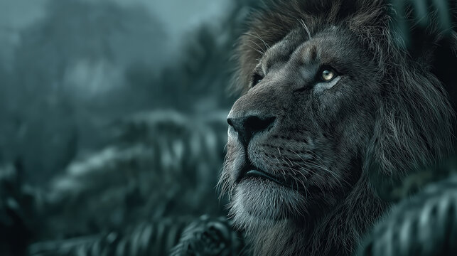 The noble gaze of a wild lion, a close-up portrait embodying courage and regal authority in the heart of a mysterious jungle
