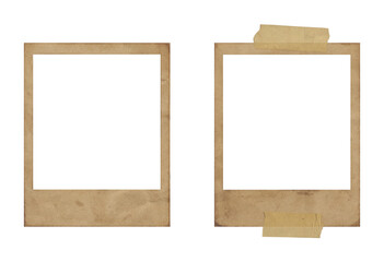 two vintage polaroid photo frames with aged grungy texture and aged tape isolated on transparent background giving an old nostalgic retro photography aesthetic