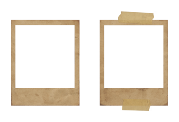 two vintage polaroid photo frames with aged grungy texture and aged tape isolated on transparent background giving an old nostalgic retro photography aesthetic