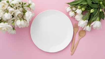 Overhead shot of eco-friendly wooden utensils beside a white dish with a floral backdrop