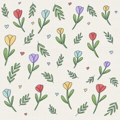 Floral Pattern with Tulips and Leaves