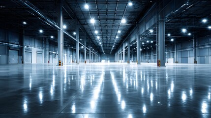 Vast empty industrial warehouse space illuminated by rows of overhead ceiling lights