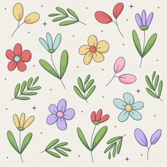 Hand-drawn Floral Pattern with Flowers and Leaves