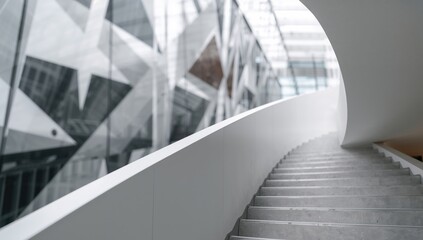 Fototapeta premium Abstract design featuring white spiral stairs with a perspective view and railing