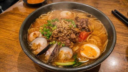 Korean Noodle Soup with Shrimp and Clams