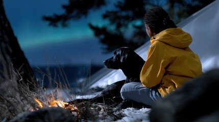 Obraz premium A girl reflects quietly with her loyal black dog next to a campfire in a snowy setting, highlighting the beauty of companionship and peace in nature's embrace.