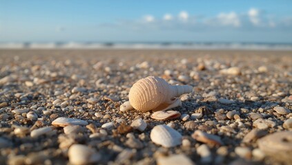 Close-up of a seashell with shattered shells in the backdrop