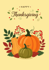 Vector pumpkin illustration on an autumn harvest background with leaves for Thanksgiving design