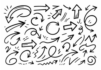 Hand-drawn doodle vector set of Arrows, Motion Lines & Direction Indicators, black outline sketch style, isolated on white background, Ideal for Both Digital and Print Use
