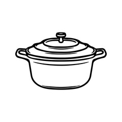 Saucepan with lid. Kitchen utensils. Doodle illustration. Cooking, soups. Black and white graphics for cafes, restaurants, menus.