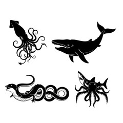 Stylized black and white illustrations of marine animals and legendary monsters.