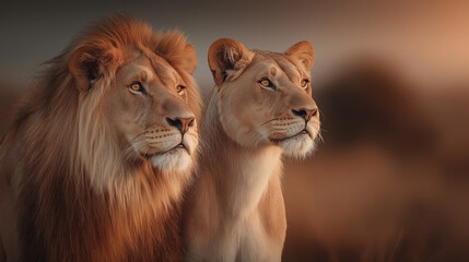 Obraz premium Majestic Lions in Golden Hour Light - A Symbol of Strength and Royalty
