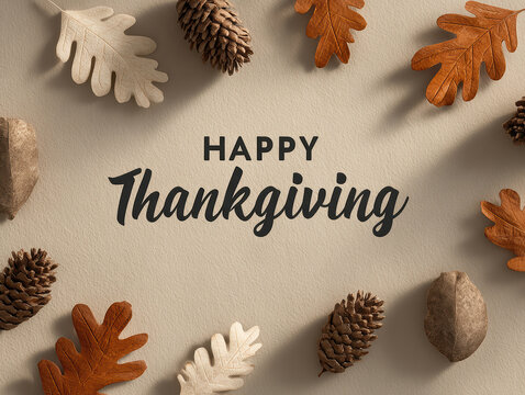 Autumn scene with Happy Thanksgiving message in elegant cursive Beige background with scattered brown and orange leaves, pine cones Soft lighting, hand-lettered card style, angled p - AI-Generated
