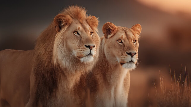 A majestic lion and lioness stand united, surveying their natural habitat with regal grace at golden hour, embodying the powerful bond of wildlife in the African savanna